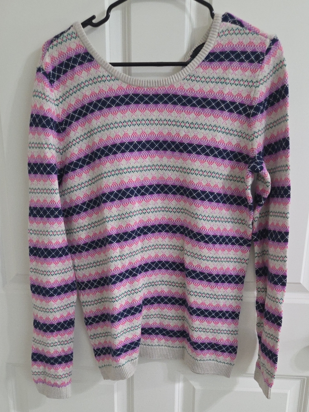 Talbots Cream Sweater with Pink and Purple Fair Isle Stripes
